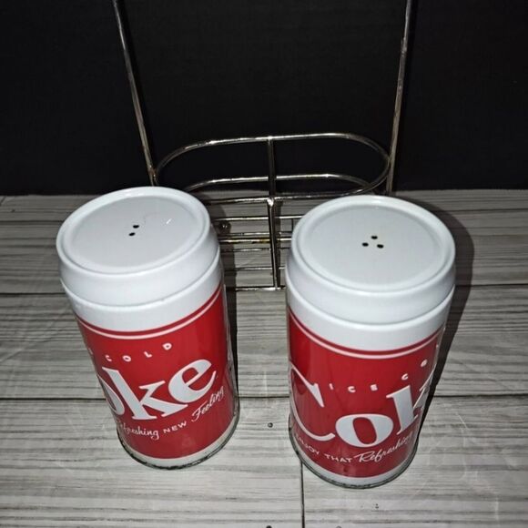 Coca-Cola Soda Can Salt and Pepper Shaker Set With Caddy Retro Decor - Picture 4 of 9